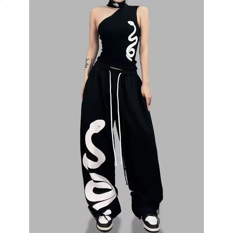 Y2K Street Dance Womens Black Hip Hop Loose Waist Large Print Graffiti Pants Street Jazz Dance Pants 250314