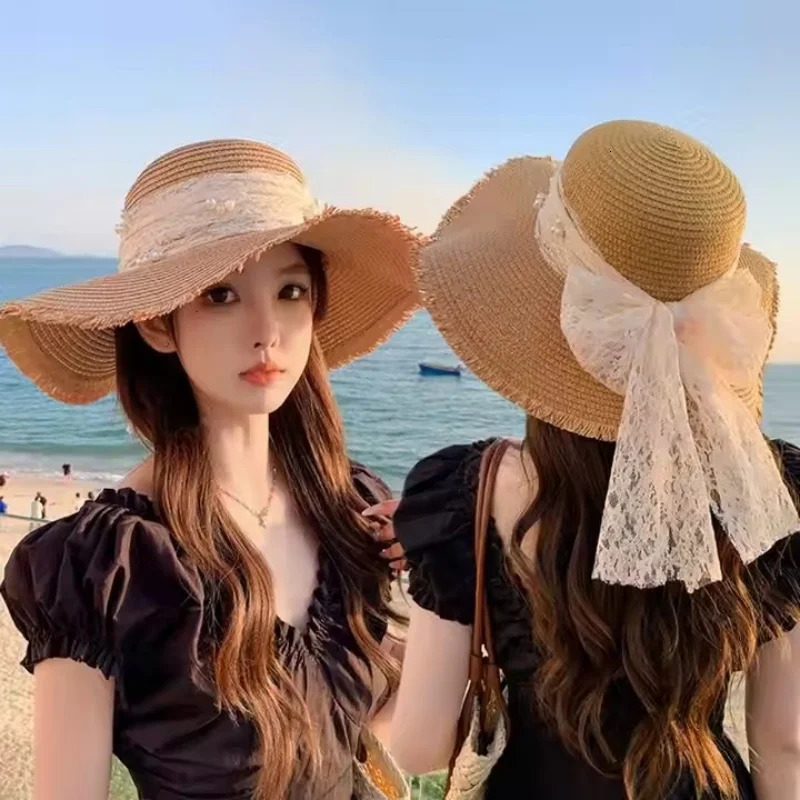 Beach Straw Hat For Women Summer Korean Style Large Brim Sun Protection Cap With Lace Pearl Versatile Fashion Vacation Beach Hat 250320