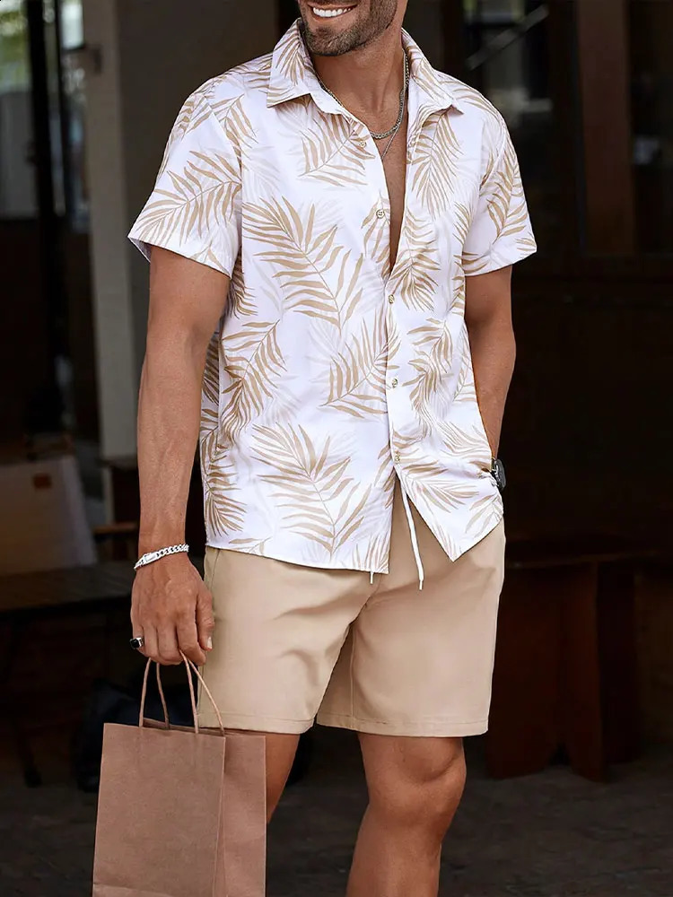Palm Leaf Printed Mens Casual Shirt Hawaii Mens Beach Shorts Summer Daily Short Sleeve Sportswear Set 250314
