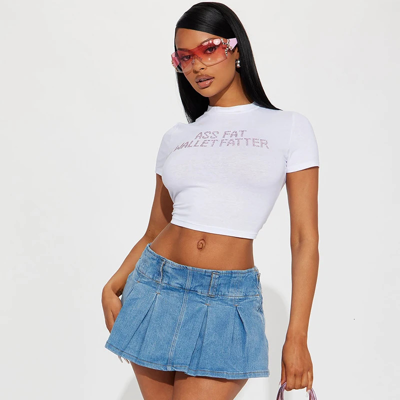 CUTENOVA Goth Rhinestone Letters Print T-Shirts Fashion Casual O Neck Short Sleeve Crop Tops Y2K Summer Sexy Girl Baby Tee Women 250320