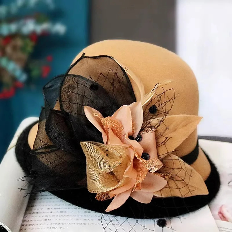 Elegant Lady Flower Sun Hat Women Wedding Tea Party Church Travel Cap Summer Organza Hat Clothing Accessory Vintage Warm 250320