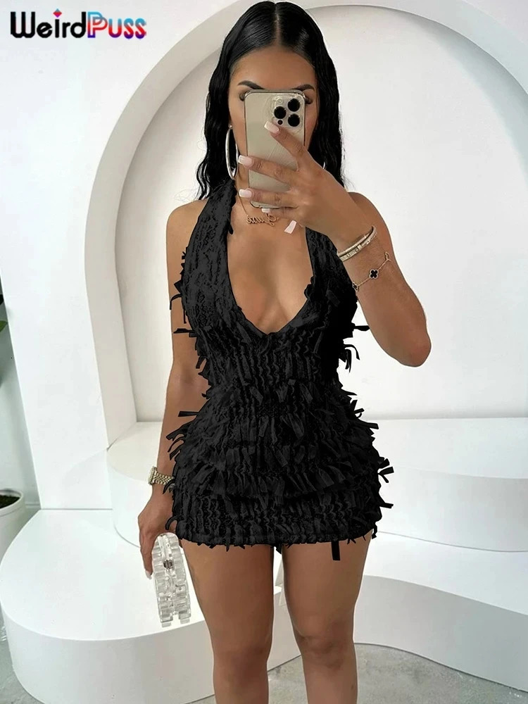 Weird Puss Sexy Halter Tassel Dress Women Y2K Elegant See Through Summer Trend Backless Skinny Stretch Midnight Bodycon Clubwear 250320