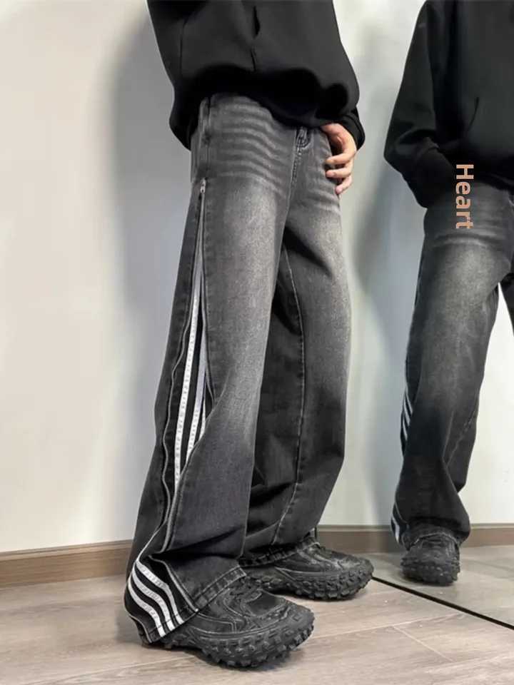 American style retro mens jeans loose fit straight leg casual trend brand with three stripes embroidered clock bottomT250319