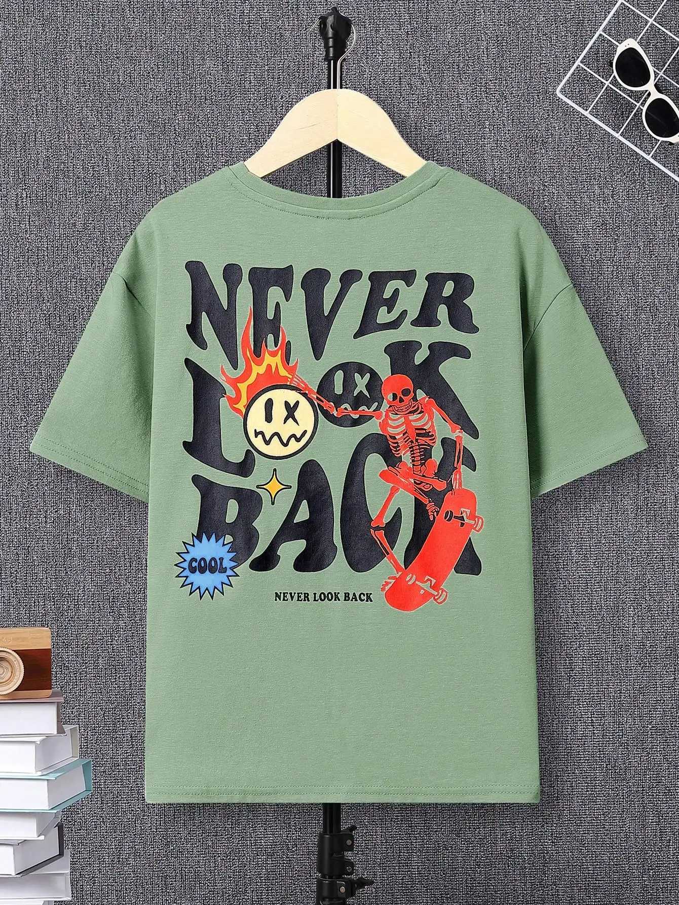 Summer hot selling casual round neck outdoor short sleeved text boy slogan and cartoon face printed T-shirtT250320