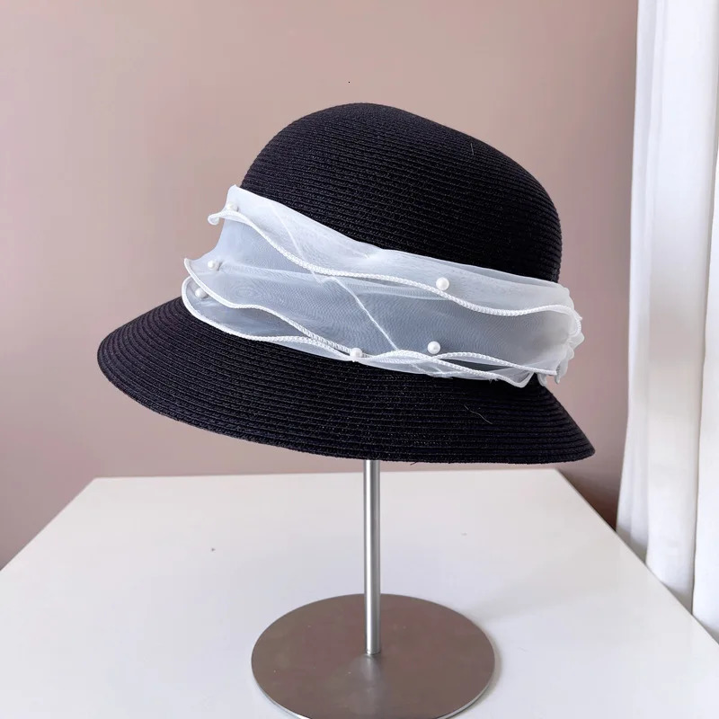 High Quality Summer Straw Hat 2025 Women Elegant Pearl Bow Hepburn Style Sun Hat Outdoor Folding Sun Protection Beach Hat 250320