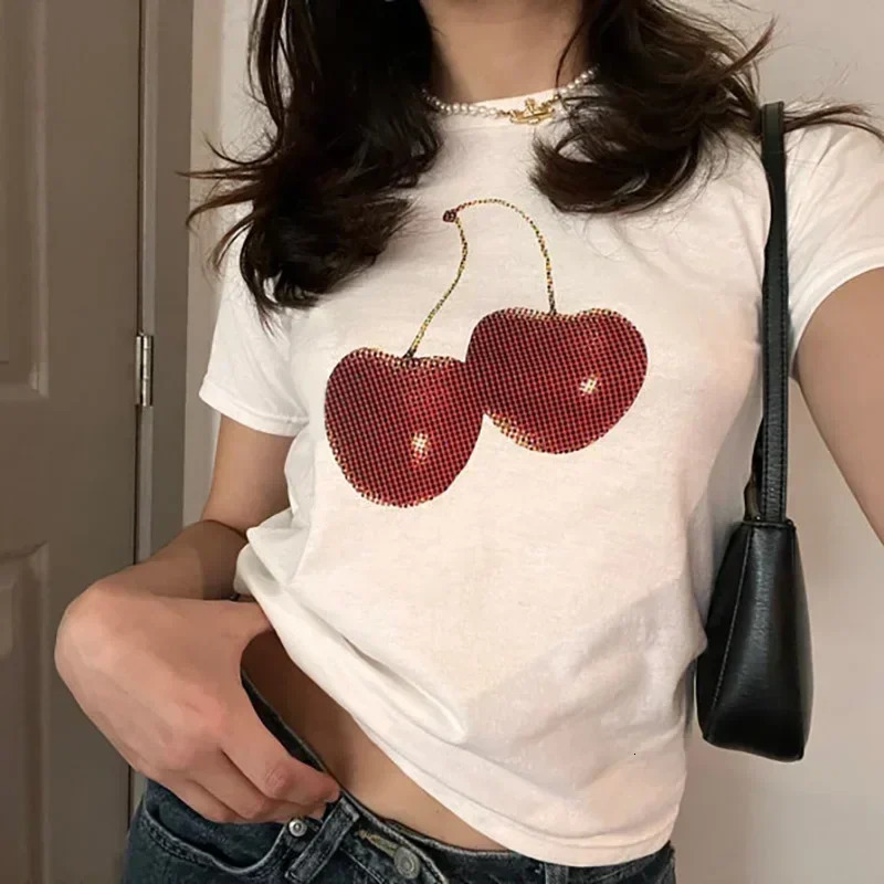 Aesthetic Summer Tee Streetwear Goth Harajuku Letter Graphic Cherry Print T-shirt Vintage Crop Tops Women 2000s Y2K Clothes 250320