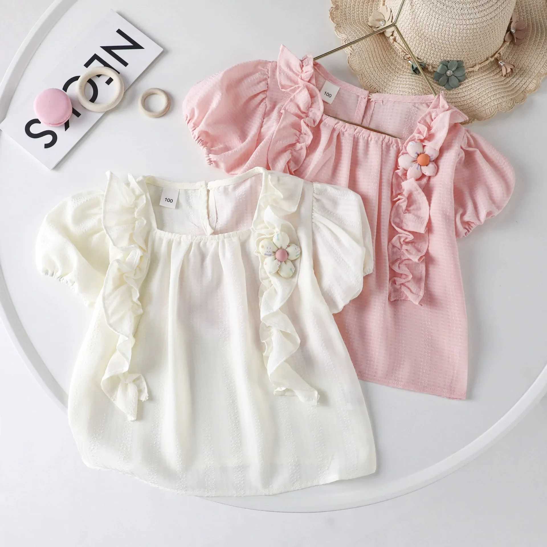 Baby Girls Blouses 2024 Summer Kids Flower Top Tees Childrens Puff T-shirt 1 to 6 Years Old Childrens Clothing PrincessT250320