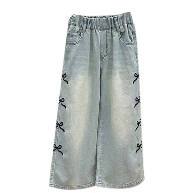 2024 Summer New Girls and Childrens Thin Bow Strap Tight Jeans Wide Leg Pants and Fashionable Elastic Waist DesignT250326