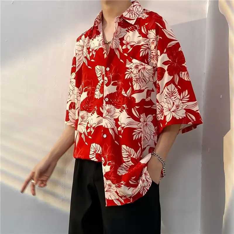 Mens street fashion summer daily shirt Hawaiian cartoon print casual loose shirt short sleeved beach loose top M250317