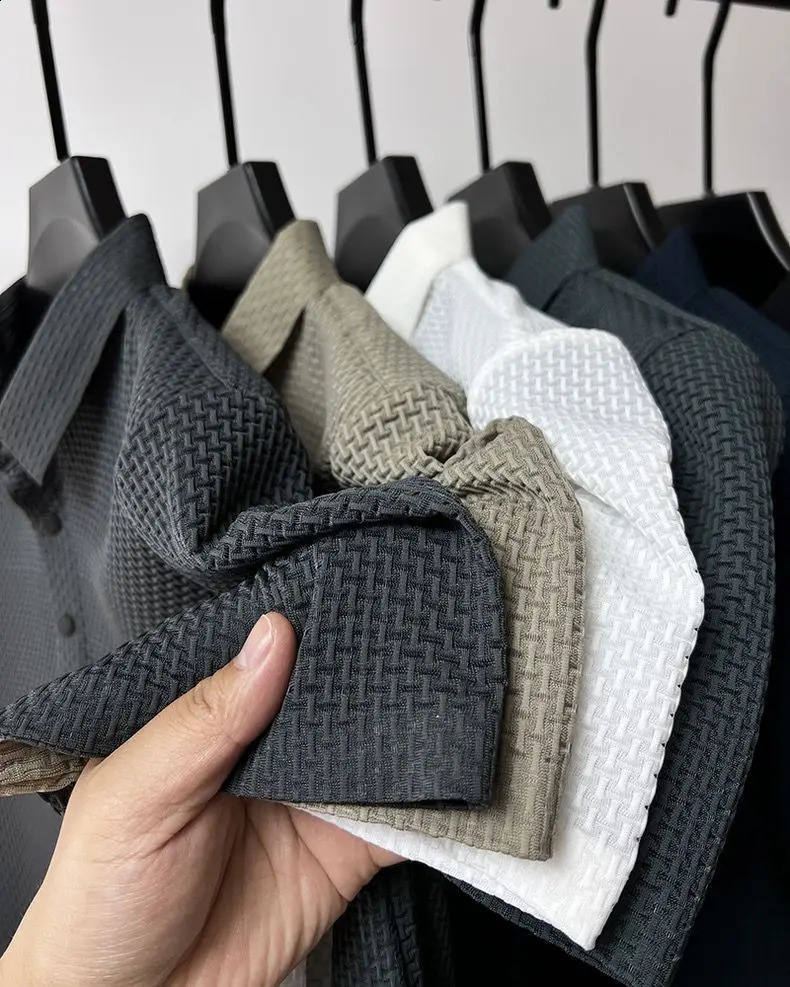 High end Ice Silk Elastic Polo Shirt Summer Polo Neck T-shirt Business Fashion Mens Short Sleeve CasualStyle 250319