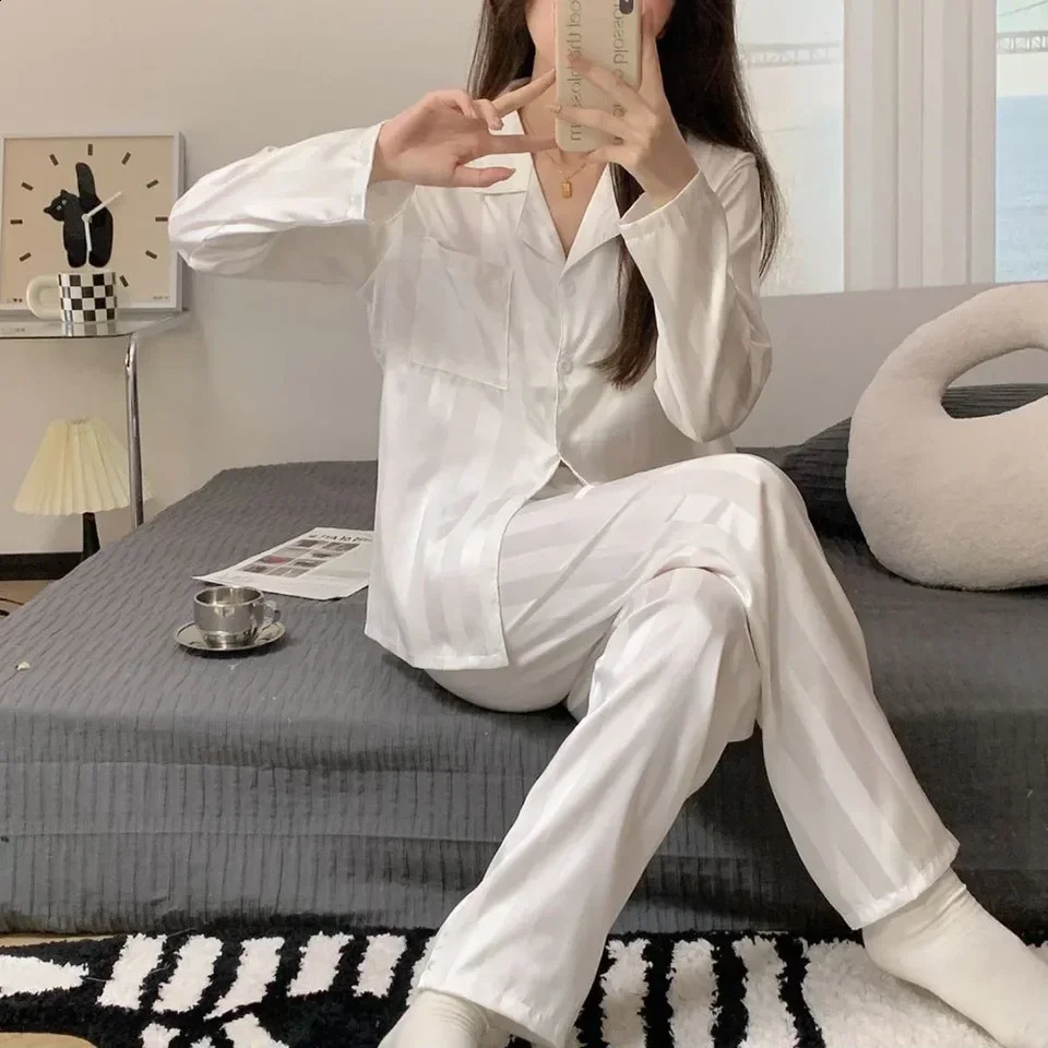 Women Pajamas Striped Pijama Sets Silk Satin Female Home Clothes Sleepwear Longsleeve Shirt Pants Homewear Shirt Pants Loungewea 250319