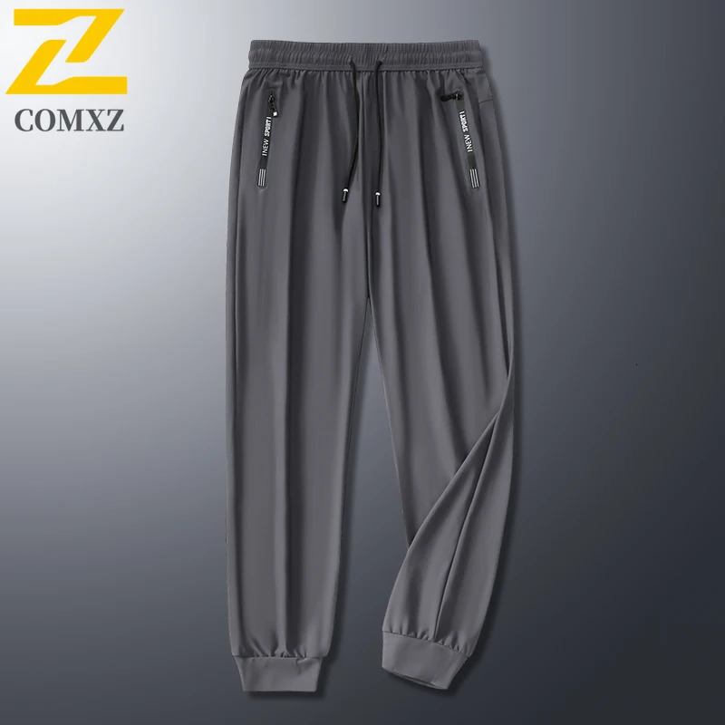 Summer mens thin silk casual pants loose fit plus size quick drying elastic runners 94 long tapered ankle sports 250320