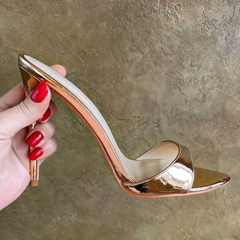 Onlymaker Women Peep Toe Mules Gold Slip On Thin High Sandals Big Size ic Fashion Lady SandalsC250319