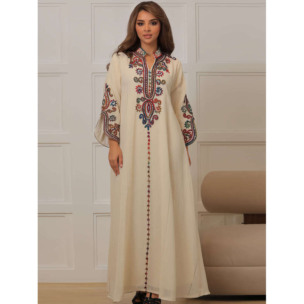 4069 Muslim Robe Heavy Duty Rope Embroidery Craft Casual Dress Women's Wear