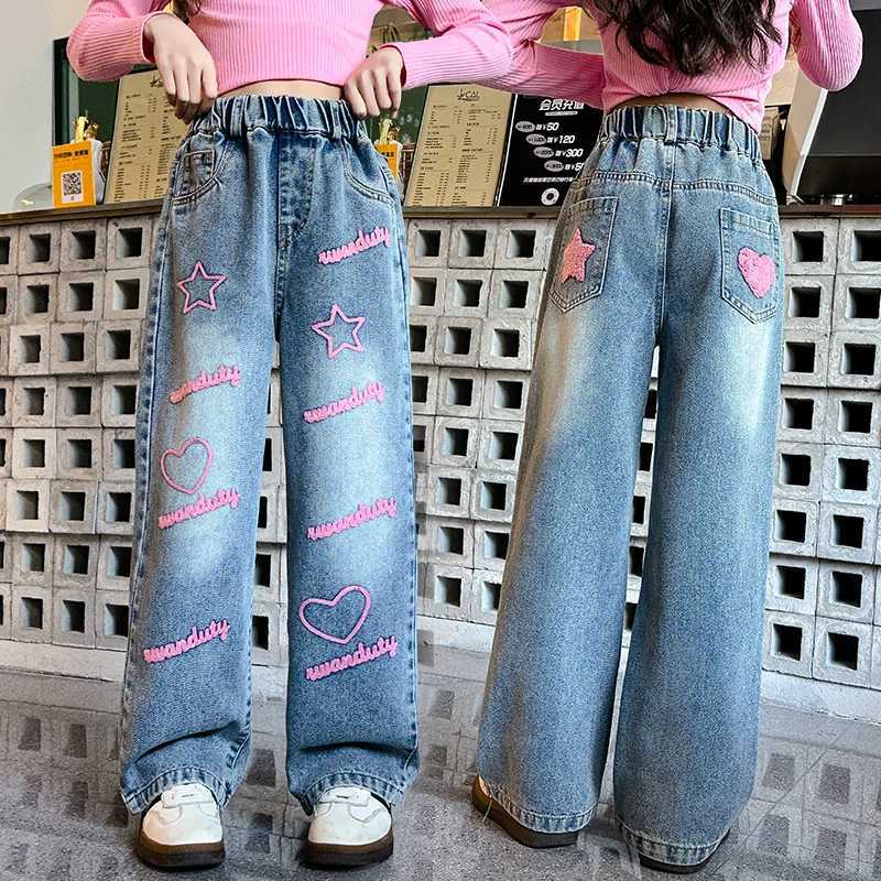 Girls Korean casual jeans childrens embroidered celebrity loose wide leg pants childrens pantsT250326