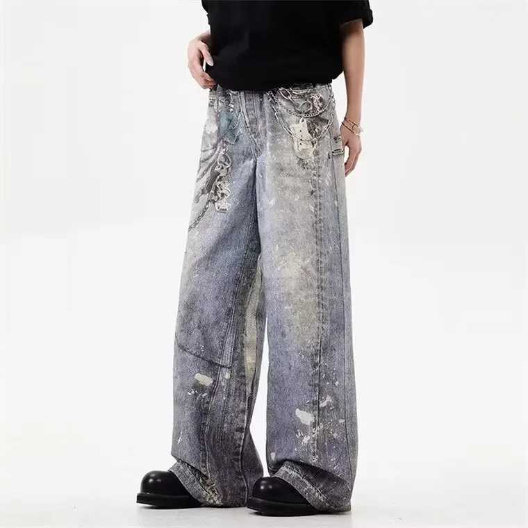 Fashionable straight leg denim jeans mens loose casual style 3D chain pendant printing Distressed Design street fashionT250319