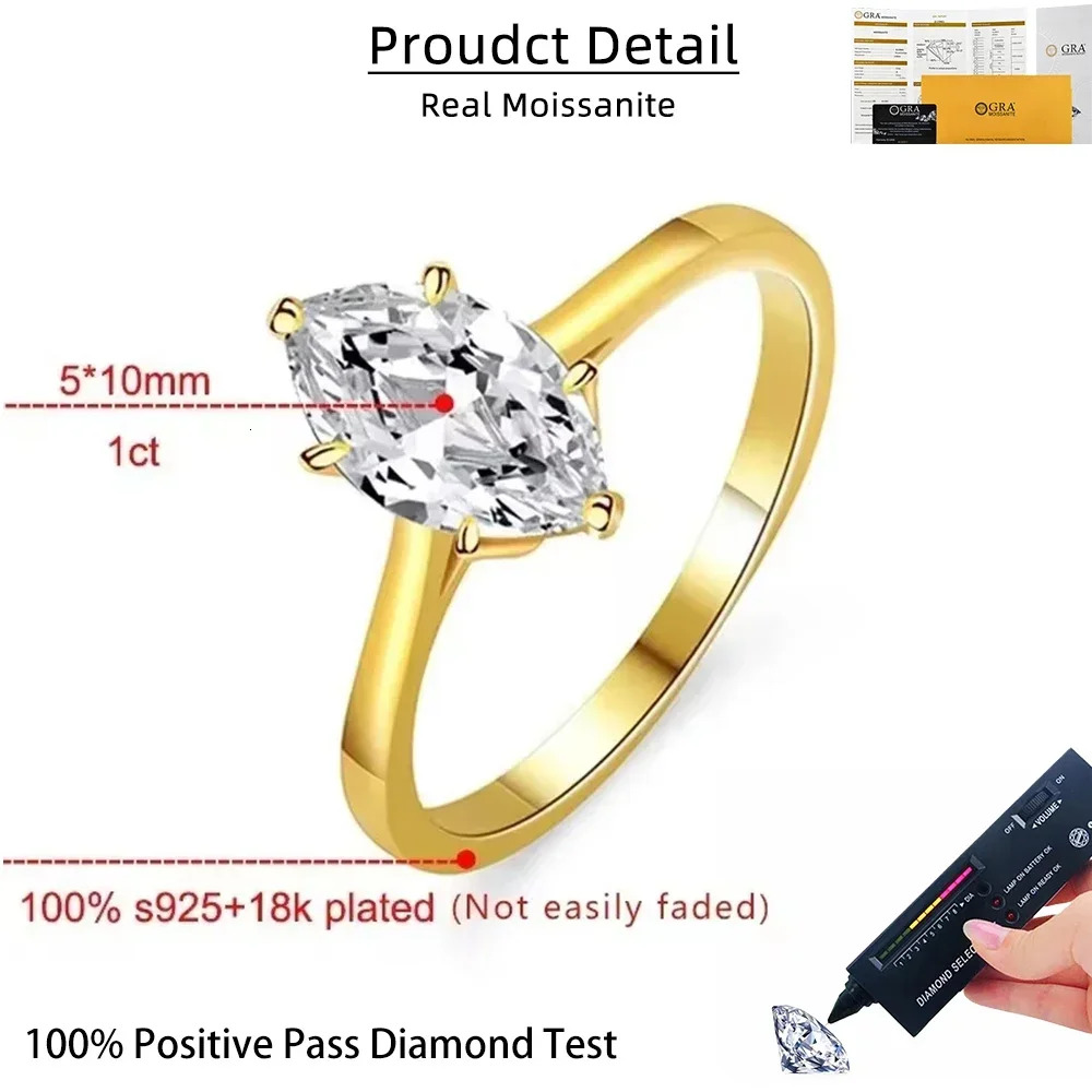 18k Plated 1CT D Color Marquise Cut Moissanite Solitaire Ring with GRA Certificate 925 Sterling Silver Engagement Band for Women