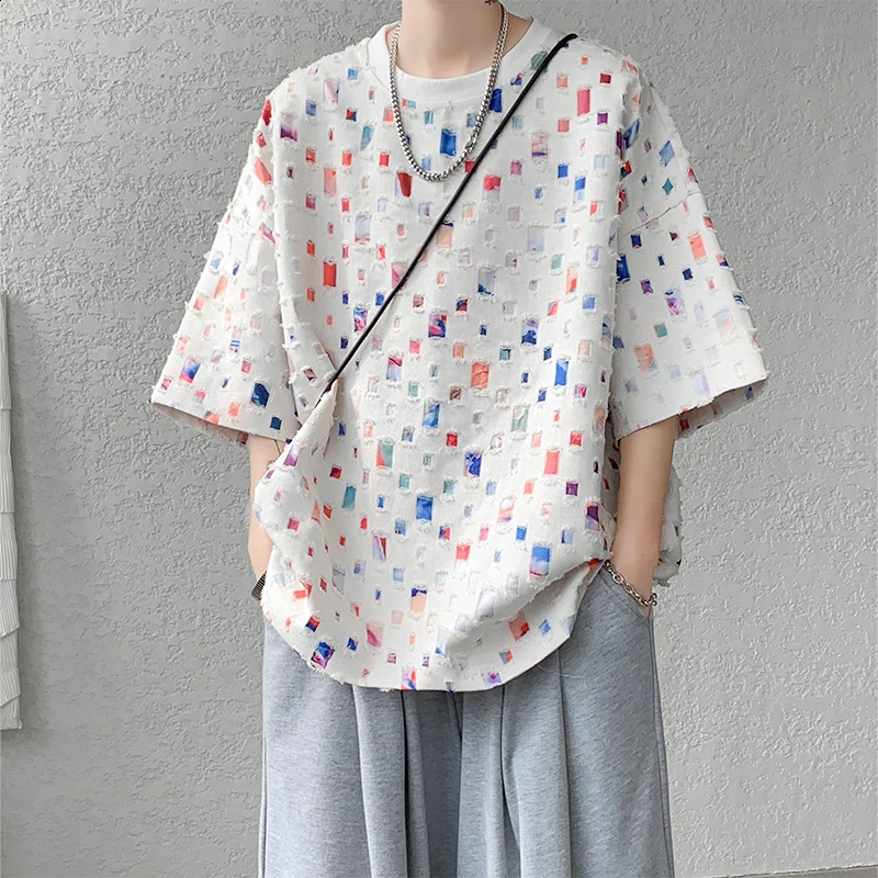 Summer cotton short sleeved Tshirt mens colorful checkered streetwear Korean loose hollow plus size 5XL 250318