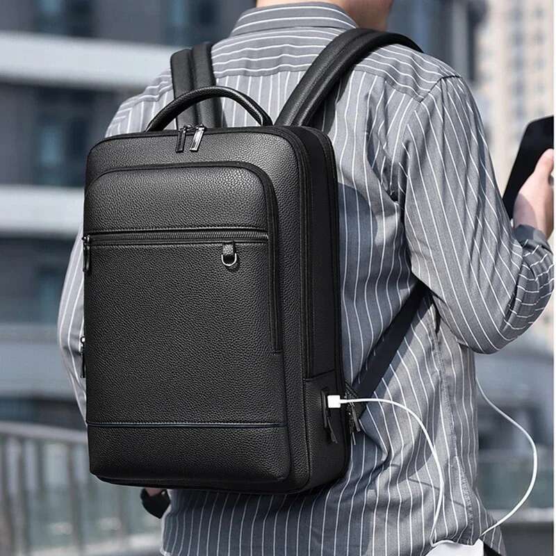 Executive Backpack Men PU Leather Satchel USB Charging Briefcase Travel Laptop Office Business Shoulder Back Pack Male