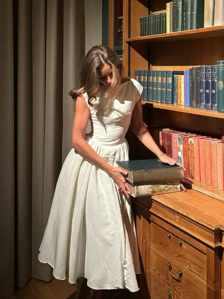 Elegant White Pleated A-line Big Hem Party Dress Women Fashion Slash Neck Slim Backless Vestidos Female Club Robes Summer 250319