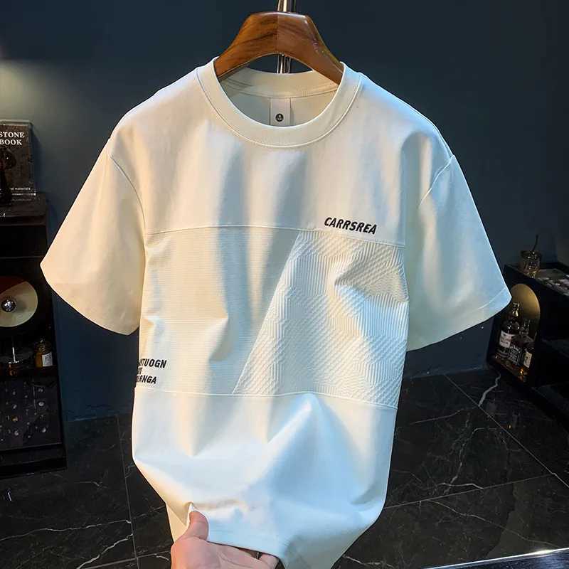 High end T-shirt mens summer 2025 embroidered loose breathable elastic design spliced short sleeved topT250319