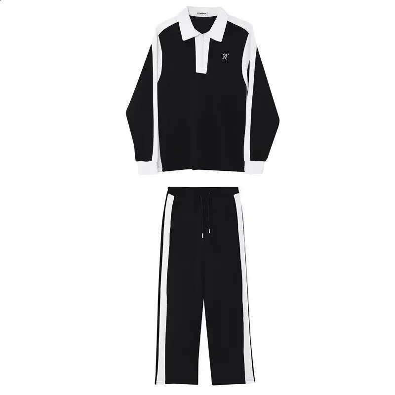 High end black and white splicing contrasting color sports long sleeved set twopiece pants casual mens wear 250319