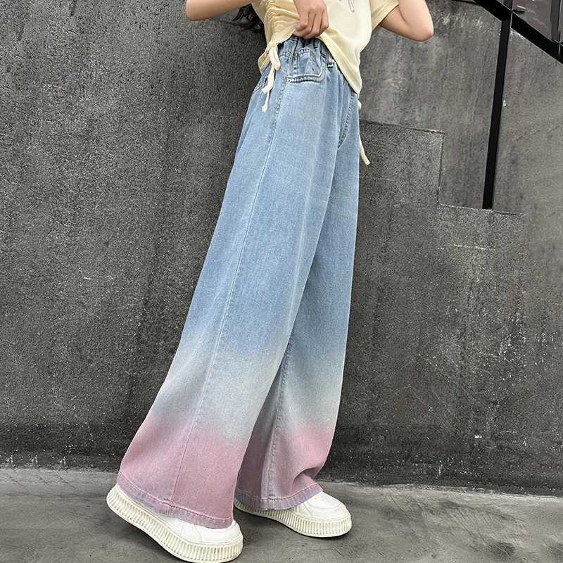 2024 Tencel wide leg jeans for teenagers and girls gradient color pants for children and girls childrens jackets long pants for girls clothing for 4-1