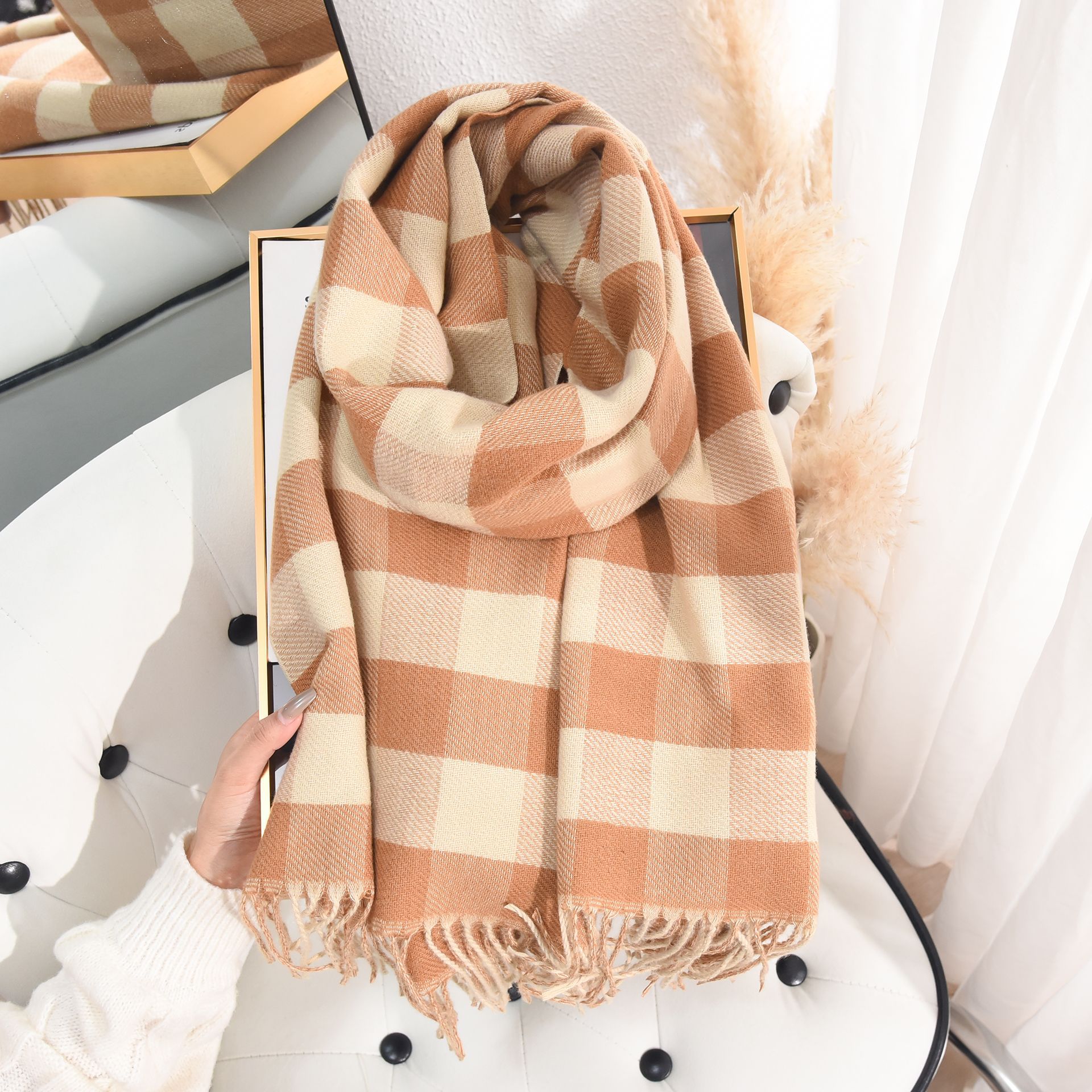 K179 Scarf autumn and winter atmosphere imitation cashmere double-sided plaid scarf Japanese and Korean women's warm outer shawl simple neck scar