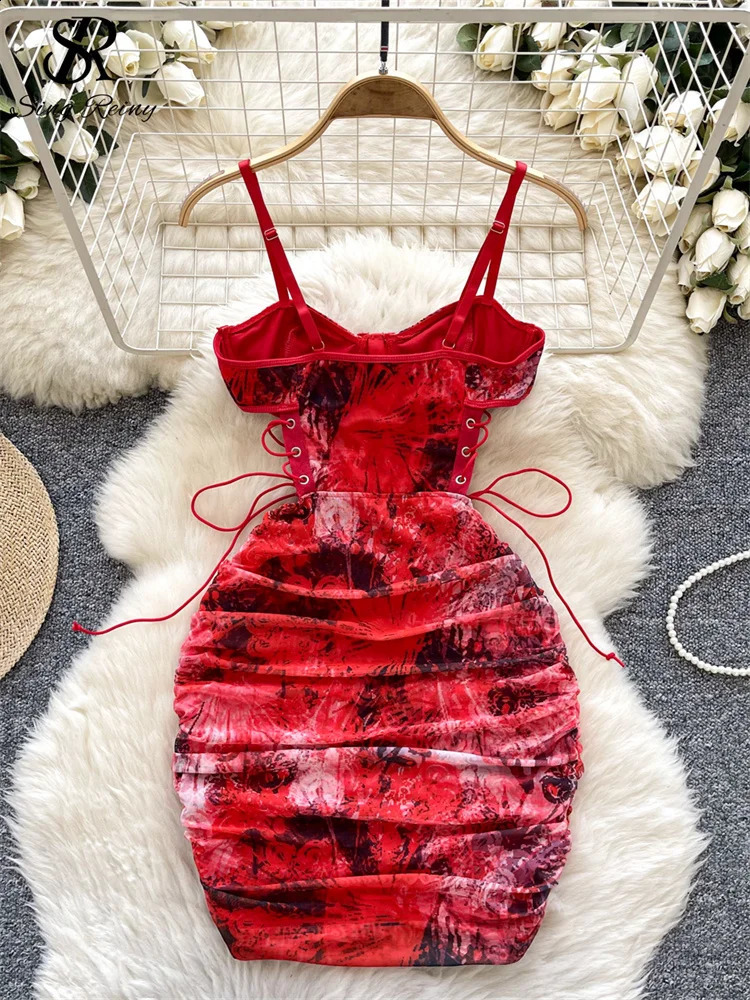 SINGREINY Summer Short Strap Dress Ladies Strapless Lace Up Hollow Out Pleated Slim Fit Print Sexy Clubwear Bodycon Dress 250317