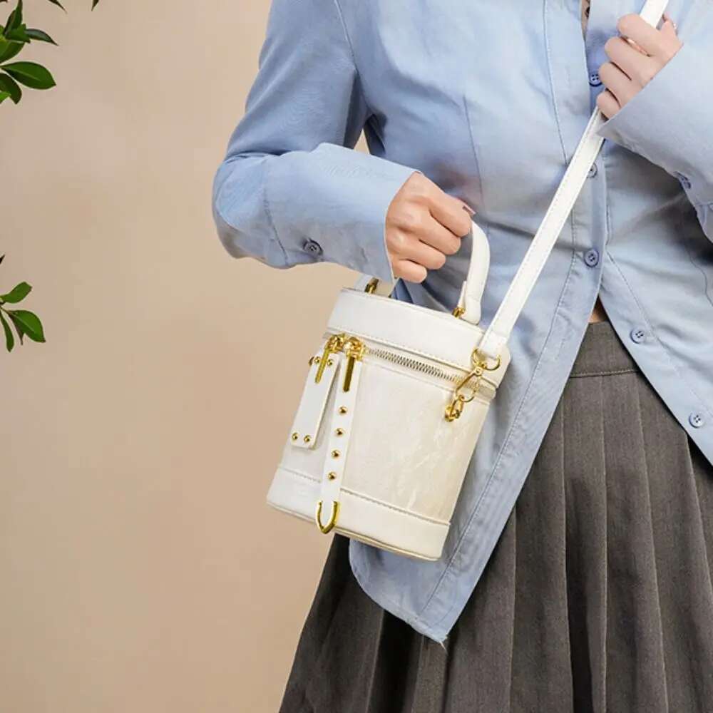 Trendy Pu Leather Women Bucket Vintage Handbag Cyder Crossbody Solid Color Shoulder Bag Travel