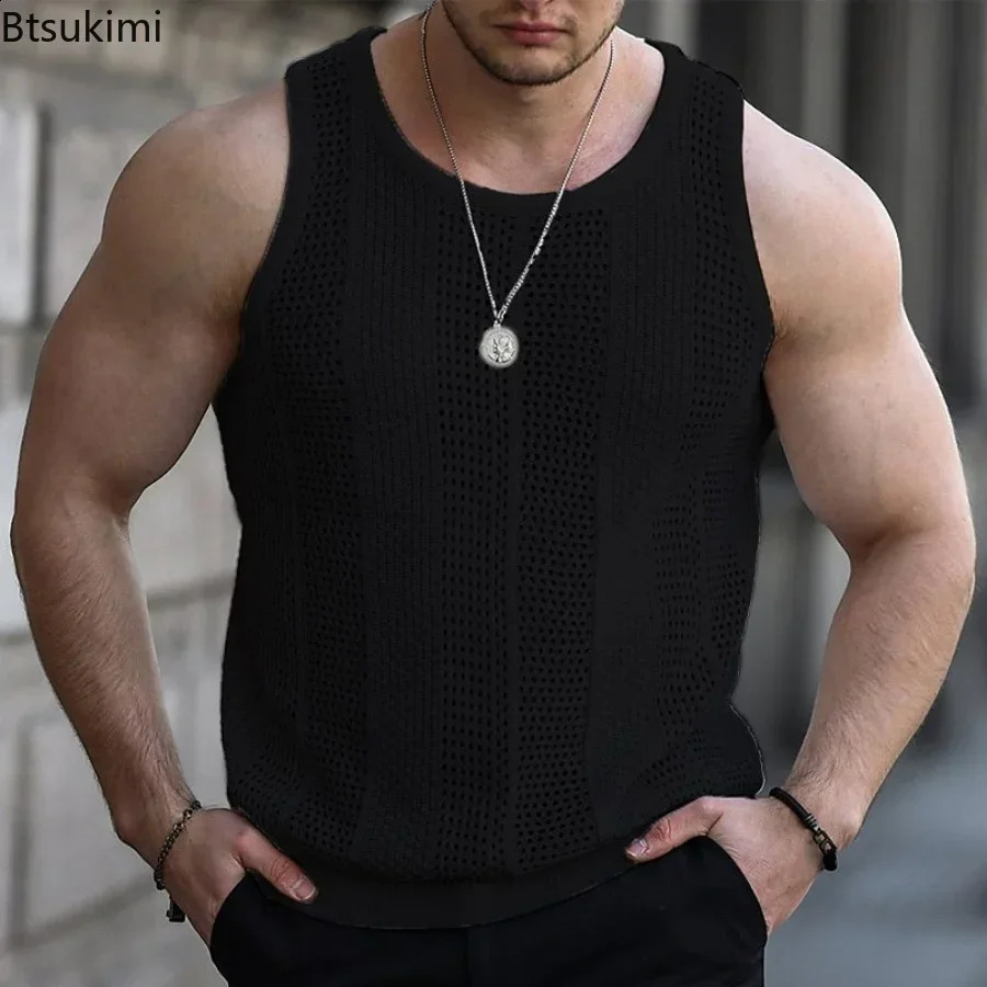 mens summer vest lace hollow sleeveless mens summer clothing ultra-thin fitness sportswear solid vest 250318