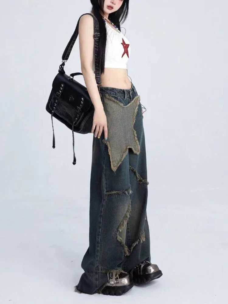 HOUZHOU Y2k Vintage Baggy Jeans Women Harajuku Streetwear Star Denim Trousers Korean Style Hip Hop Grunge Retro Wide Leg JeansT250319