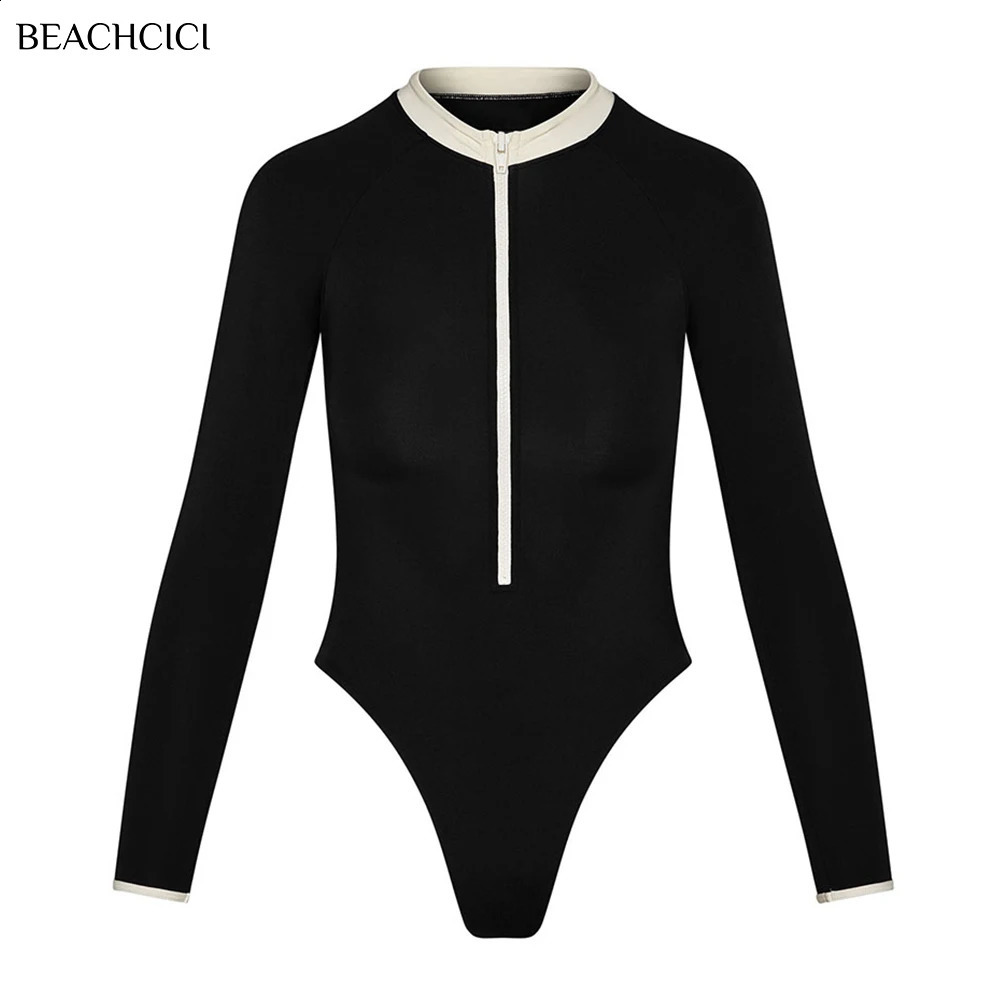 BEACHCICI Surfing Sport Swimsuit Long Sleeve Swimwear Solid Monokini Bathing Suit Tropical Bodysuit 250319