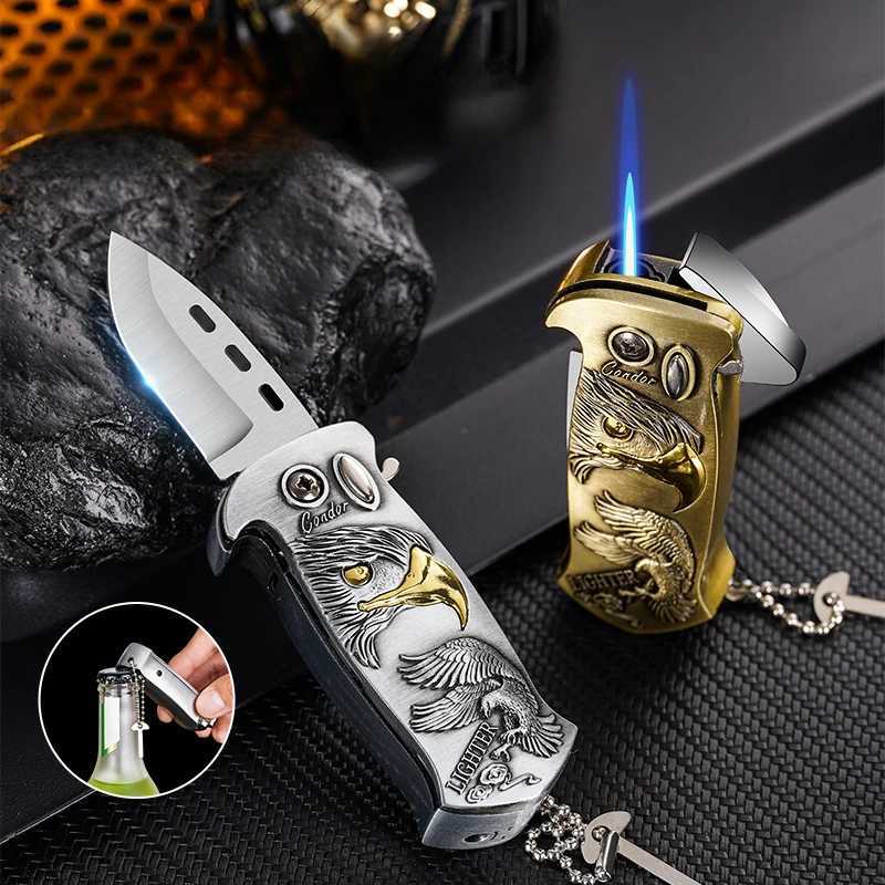 Inflatable Windproof Blue Flame Lighter with Bottle Opener Self-protection Multifunctional Butane Gas Lighter Smoke AccesoiresC250320