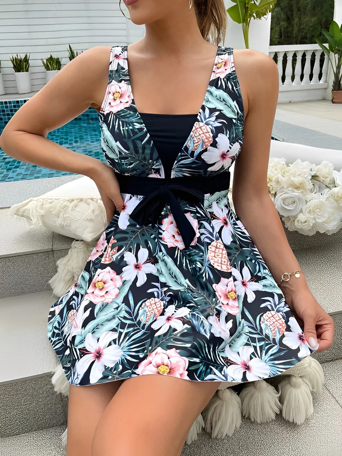 2023 Tropical Print Knot Front Swimwear Women Swimsuit Dress Bathers Bathing Swimming Swim Suit Beachwear 250312