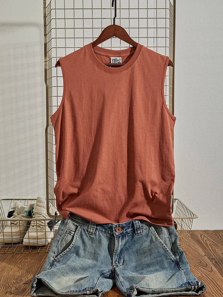 Summer American Retro Sleeveless Oneck Solid Color Tshirt Mens Fashion 100 Cotton Washed Casual Sports Tank Top 250319