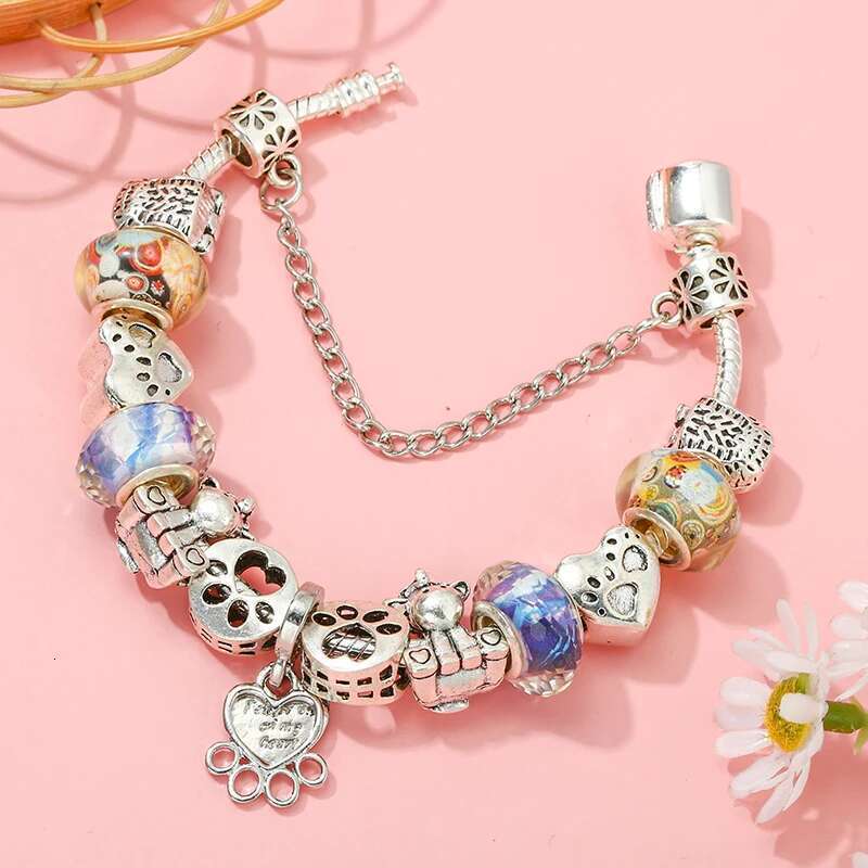 Silver Color Unicorn Beads Charm Bracelet With Dog Paw Pendant Bracelets For Women Men Girls Jewelry Gift Dropshipping Wholesale
