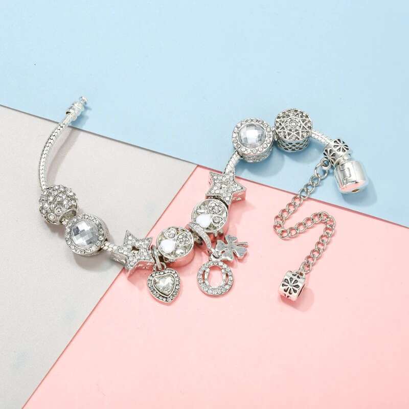 Vintage Silver Crystal Lucky Grass Star Beads Pendant DIY Snake Chain Charm Bracelet For Women Lover Party High Quality Jewelry