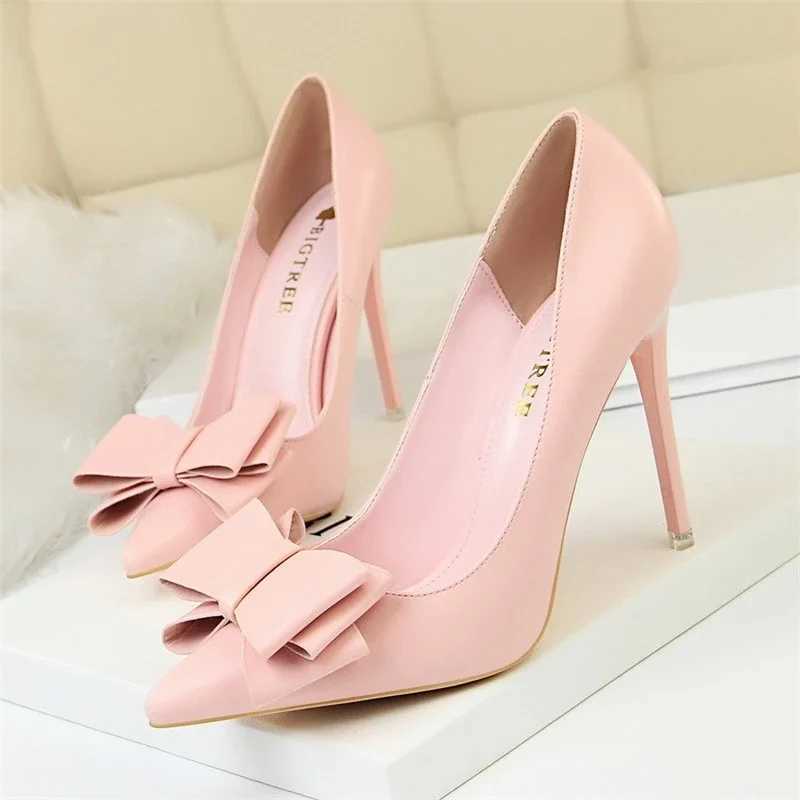 Bigtree Spring/Summer H Shoes Wan Baby Blue Sweet Bow High Temperature H Matte Leather Pump Womens Thin Toes 34 Y250319