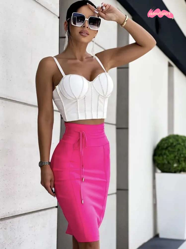 2025 Women Hot Pink Black White Bodycon Bandage 2023 Designer Waist High Street Party Club Pencil Skirt 55cm ddmySept