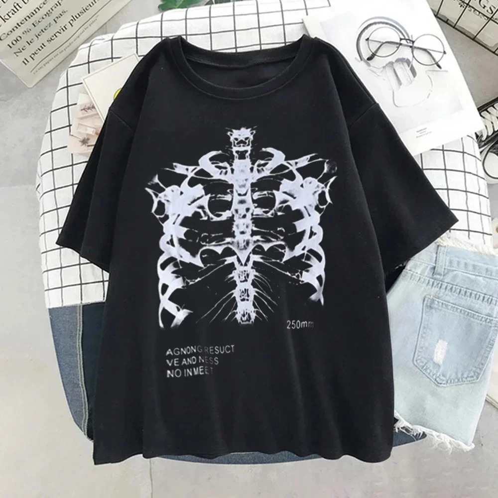Oversized T-shirt Women Female T-shirt Dark Skull Bones Heart and Lung Print Short Sleeve Streetwear Harajuku Top Woman Clothes 250320
