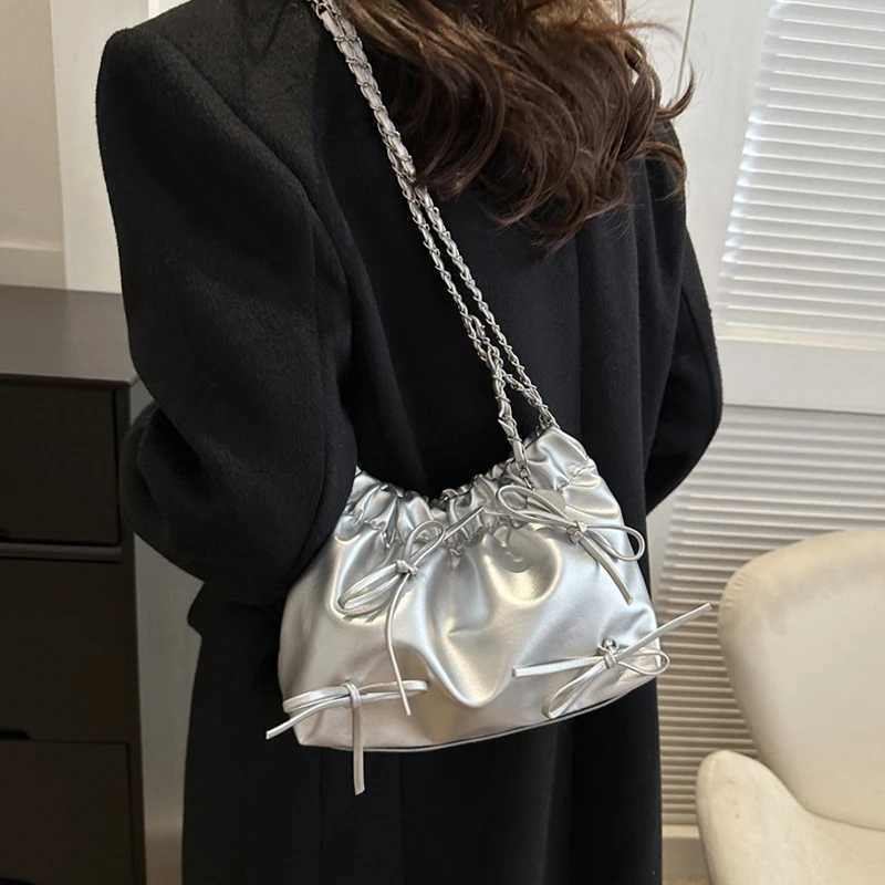 Cute little bow design womens cross shaped bag silver handbag PU leather shoulder bag bucket wallet Y250319
