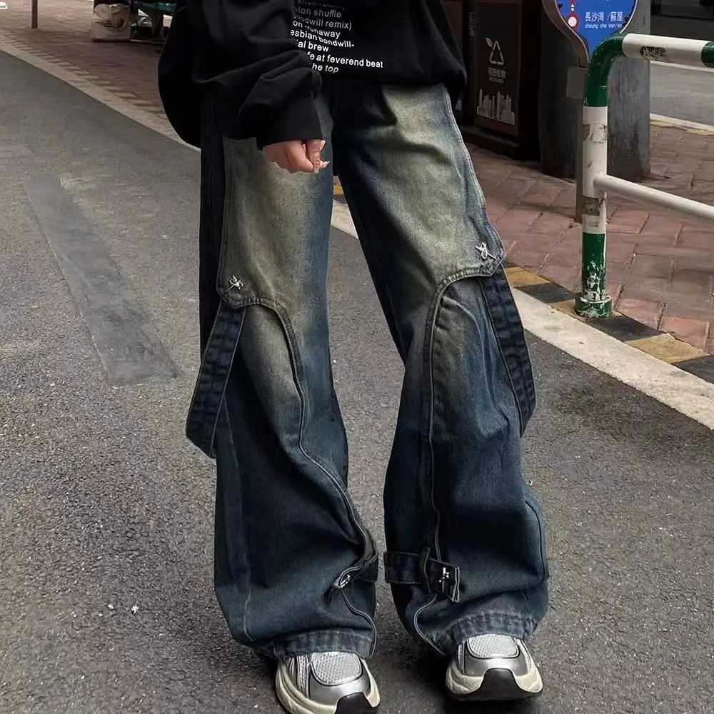 American streetwear mens and womens trendy hip-hop loose straight leg jeans suitable for couples personalized wide leg casual pants y2kT250319
