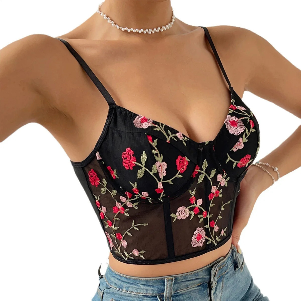 Beauty Floral Embroidery Bustier Black Crop Top with Buckle Halter Tank Tops Female Lingerie Corset Womens Slim Strap Camisole 250319