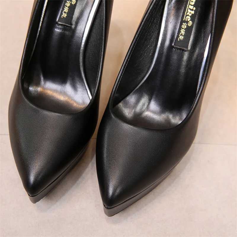 Luxury Wen Pumps Spring Autumn Slip- Platform PU Leather 12cm Thin H Korean Style Casual Wen Professional Shoes Black Y250319