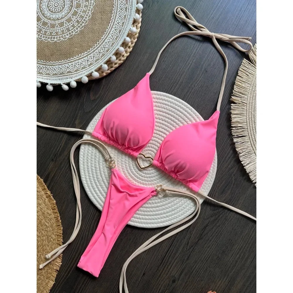 Sexy Halter Solid Bikini Set Womens Swimsuit Two-piece Triangle Thong Swimwear Bathing Suit Brazilian Biquinis 250320