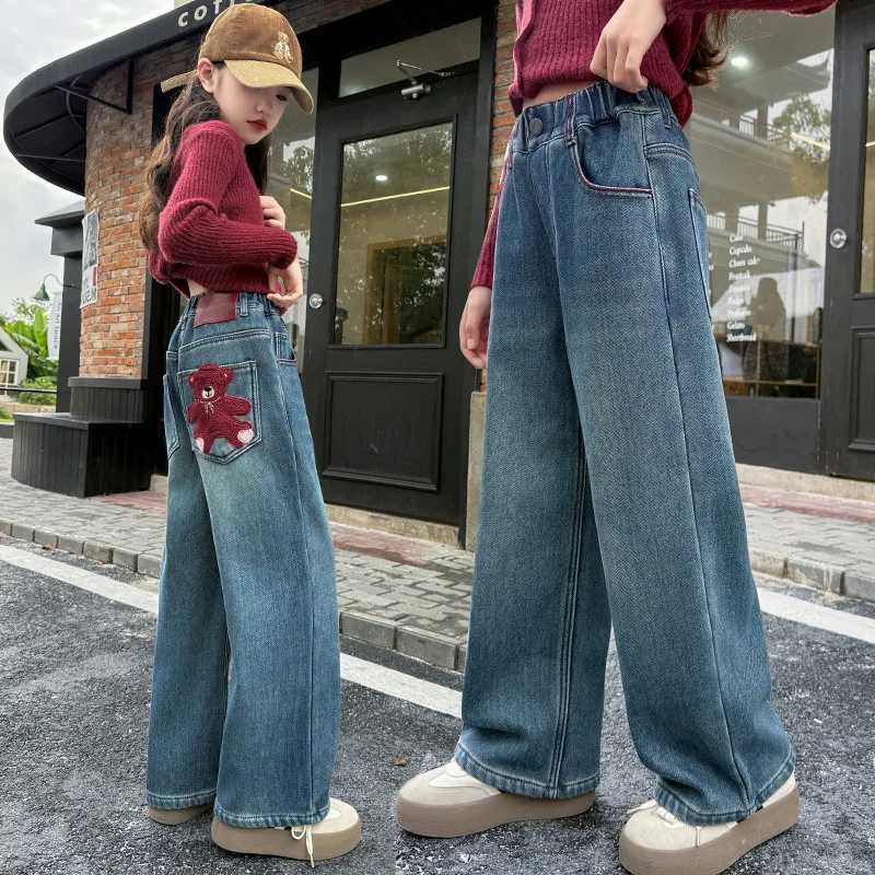 Girls Jeans Spring Autumn New Bear Embroidery Big Kids Trendy Straight Leg Denim Pants Children Wide Leg Trousers 4-14YearsT250326