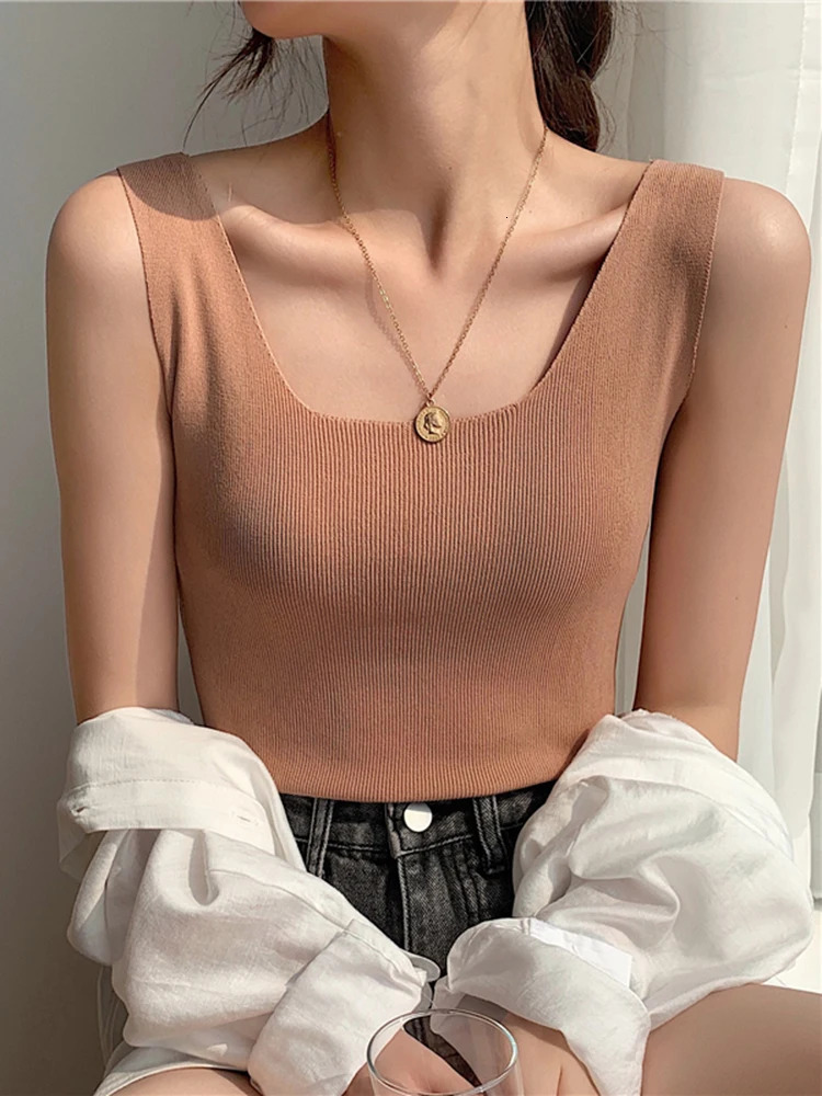 2025 Summer Knitted Tops Neck Summer Basic Shirts White Black Casual Sport Vest Off Shoulder Green Womens Tank Top 250320