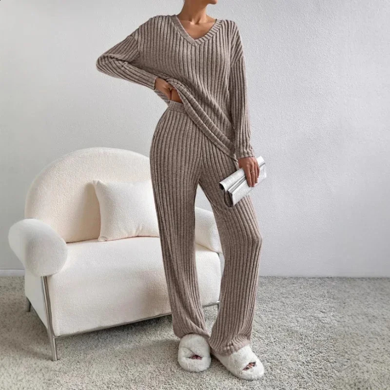 Two Piece Sets Outifits 2025 Spring and Autumn Fashion Casual Straightleg Pants Loose Vneck Pit Strip Knitted Suit 250319
