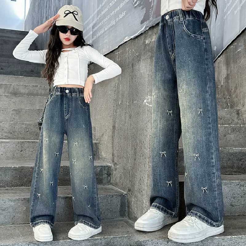 Girls Bow Jeans Spring Childrens Elastic Straight Jeans Autumn Youth Bow Printed Wide Leg Trouser Fashion Elastic PantsT2502320